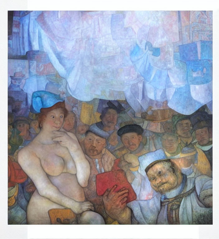Whimsical nude woman surrounded by stylized characters under blue drape
