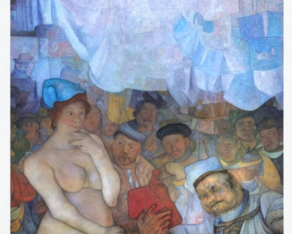 Whimsical nude woman surrounded by stylized characters under blue drape