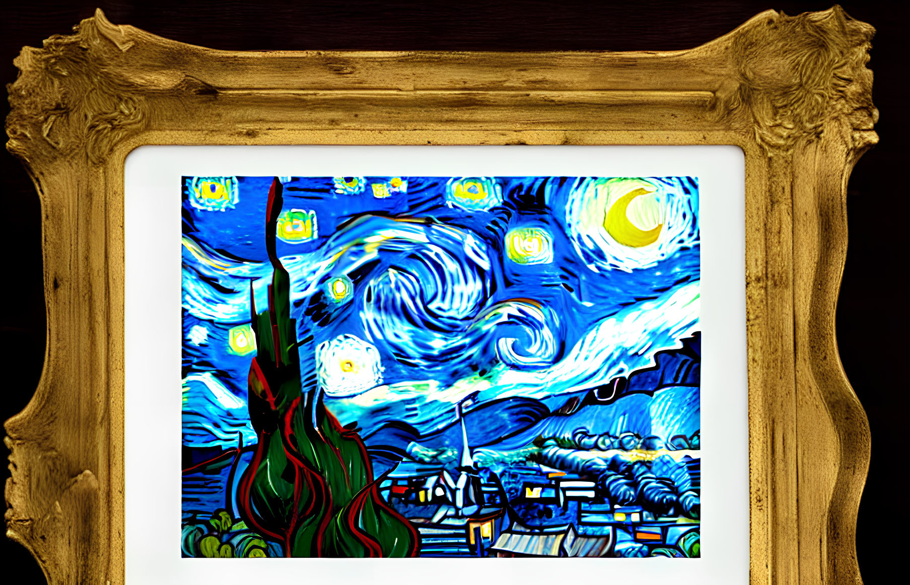 Framed depiction of swirling night sky over village