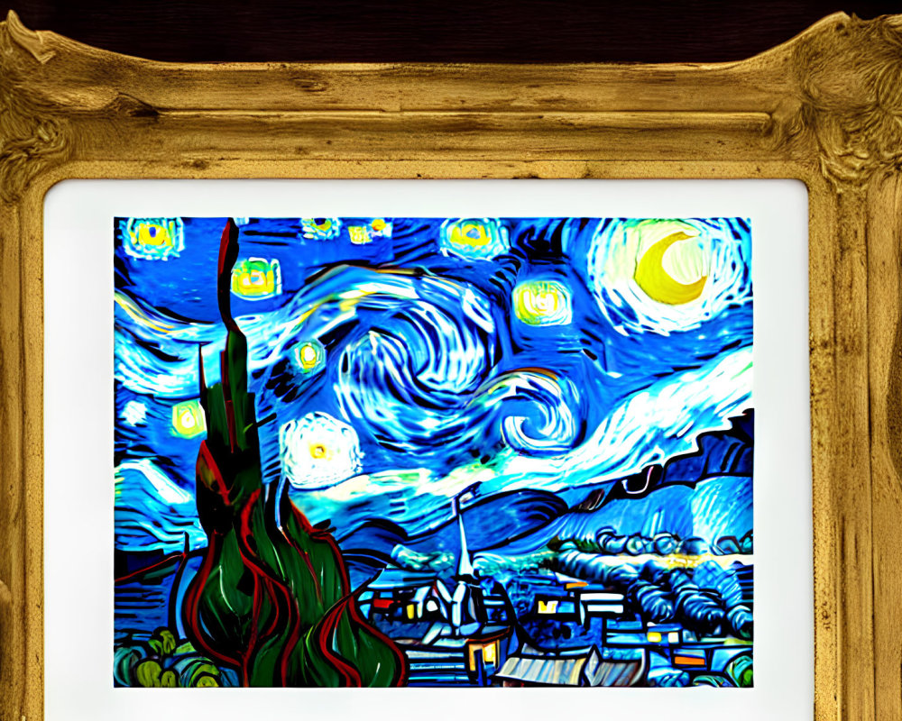 Framed depiction of swirling night sky over village