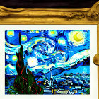 Framed depiction of swirling night sky over village