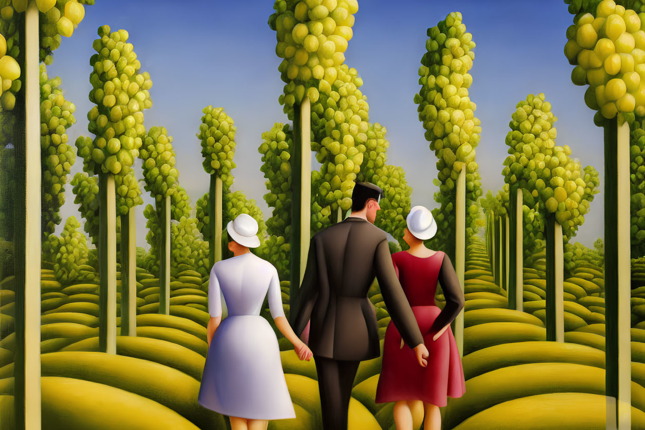 Three individuals in stylized landscape with round-top trees under blue sky