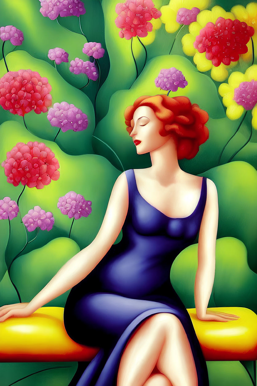 Stylized illustration of woman with red hair in blue dress among colorful flowers