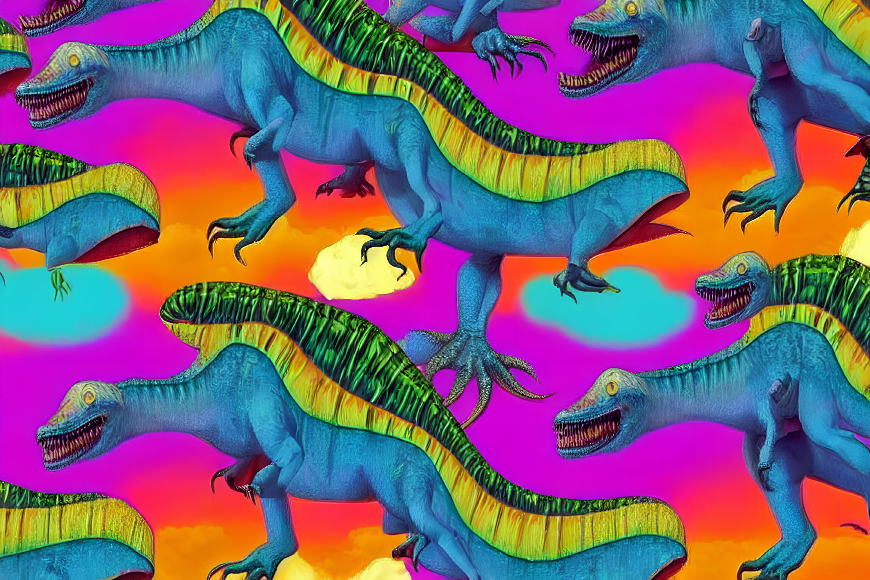 Vibrant Blue and Green Dinosaurs on Orange and Pink Pop Art Background