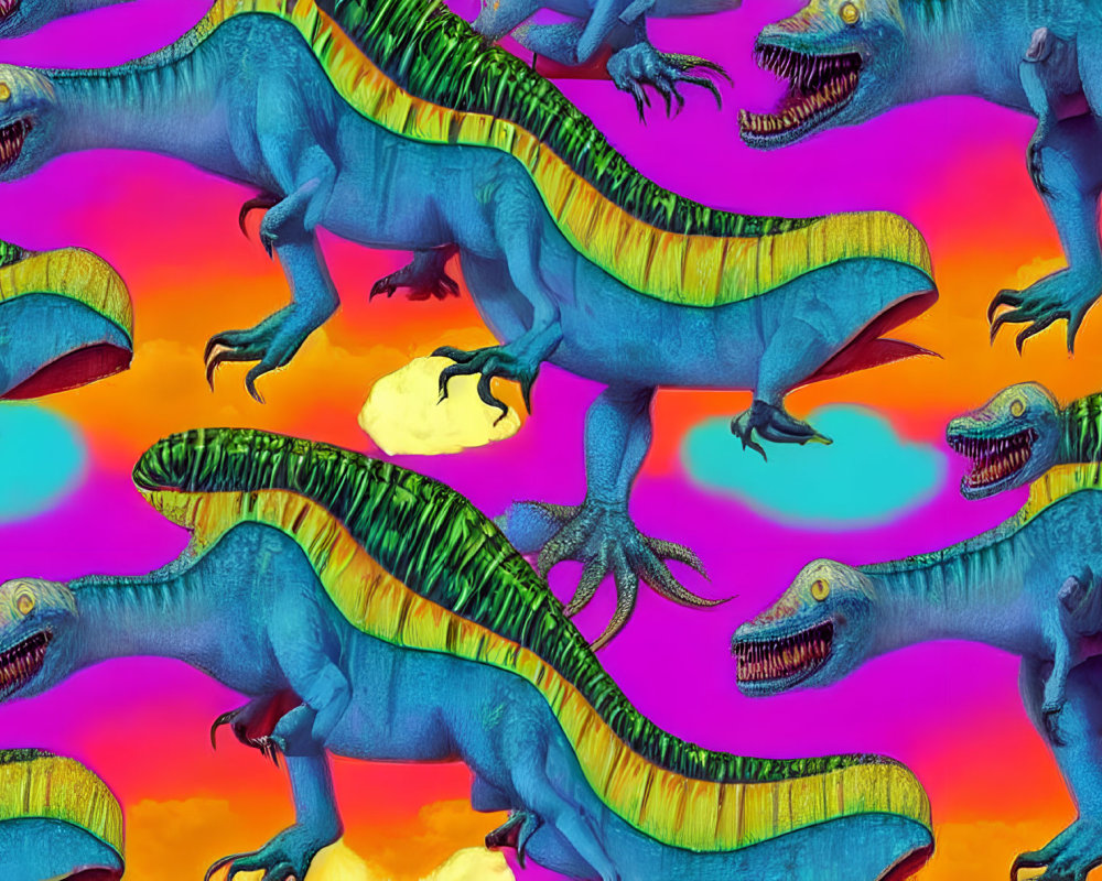 Vibrant Blue and Green Dinosaurs on Orange and Pink Pop Art Background