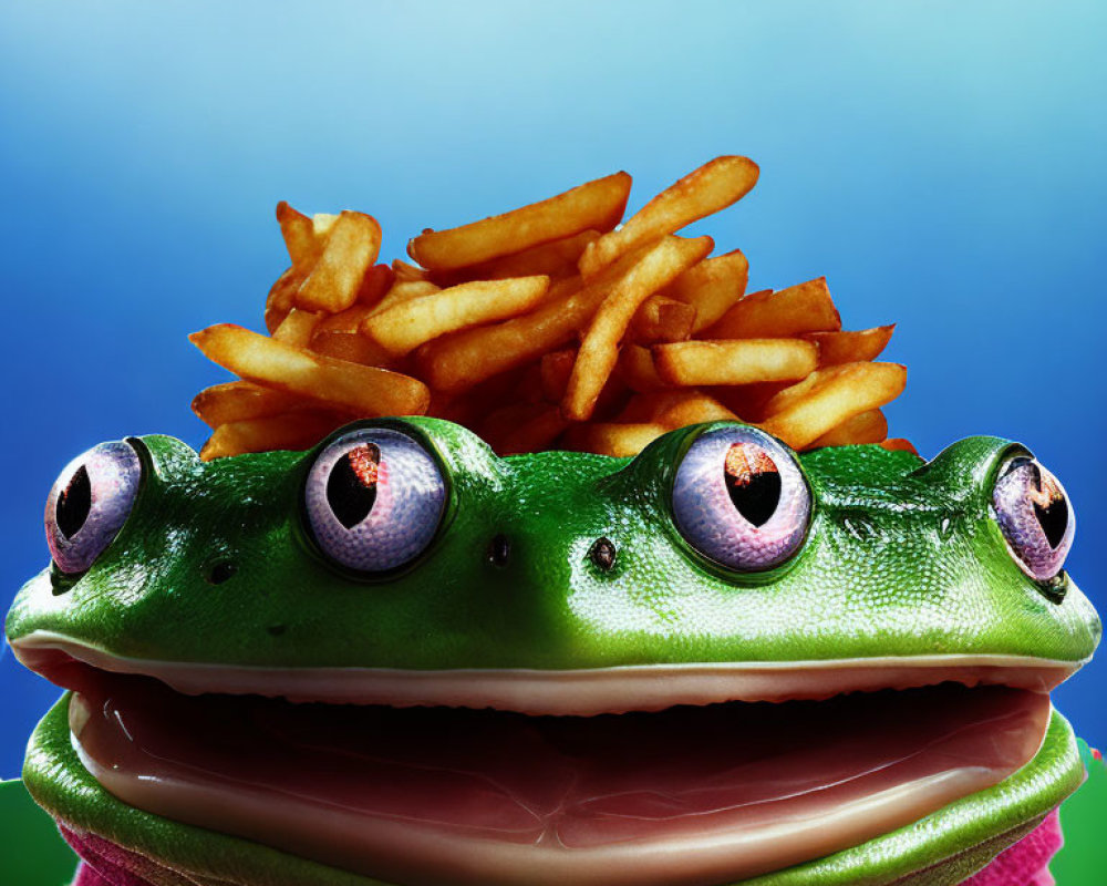 Sandwich with Frog Face and French Fries on Blue Background