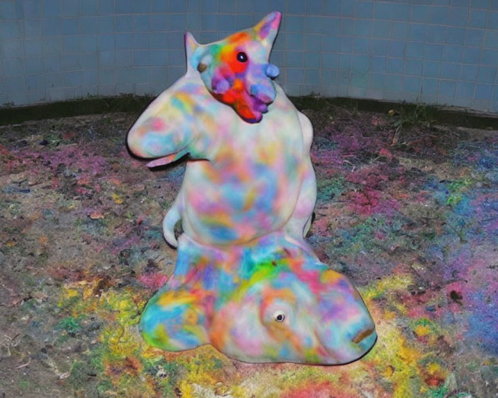 Vibrant paint-splattered animal sculpture in grassy area against tiled wall