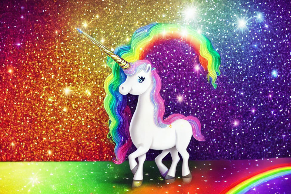 Colorful Unicorn Illustration on Glittery Rainbow Background