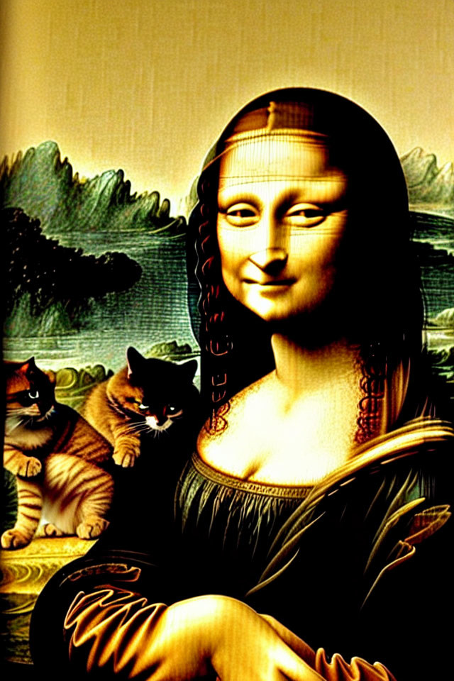 Digitally-altered Mona Lisa image with vibrant colors and two cats.