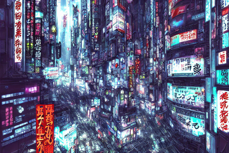 Futuristic cyberpunk cityscape with neon signs in crowded urban alley