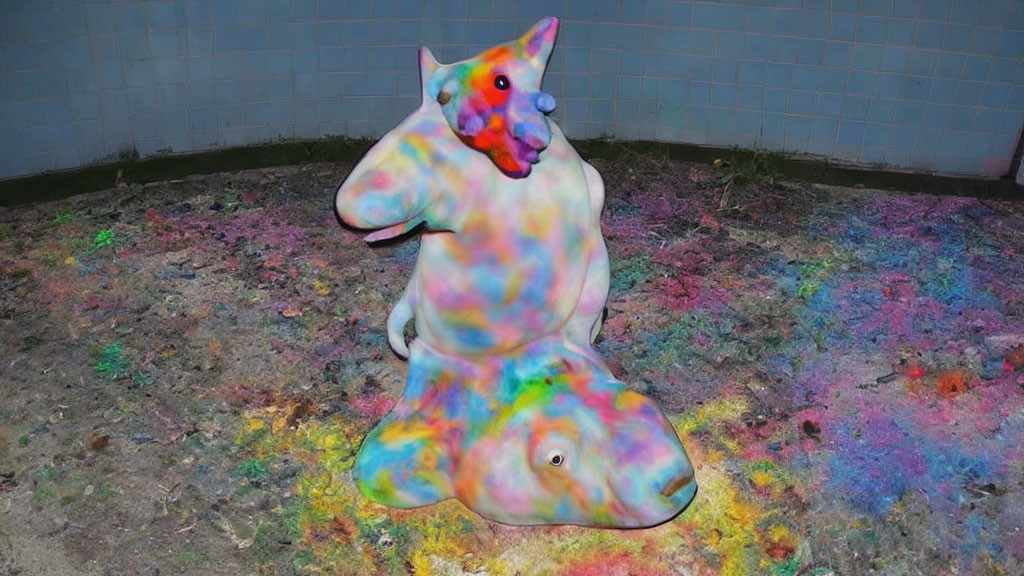 Vibrant paint-splattered animal sculpture in grassy area against tiled wall