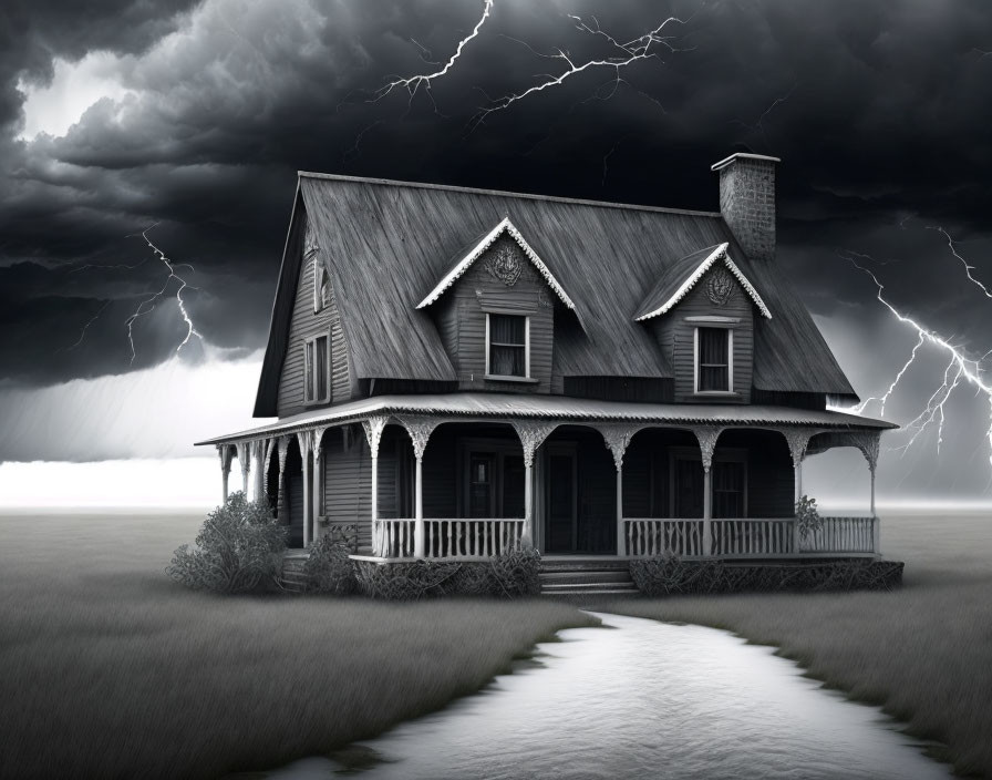 Monochromatic image of classic house in stormy field