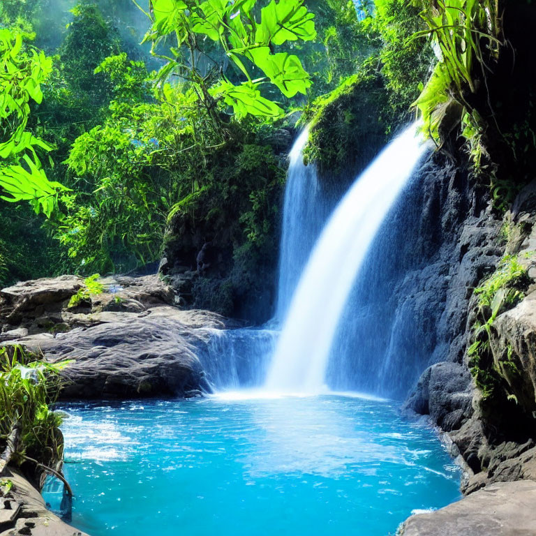 Tranquil waterfall in lush green setting