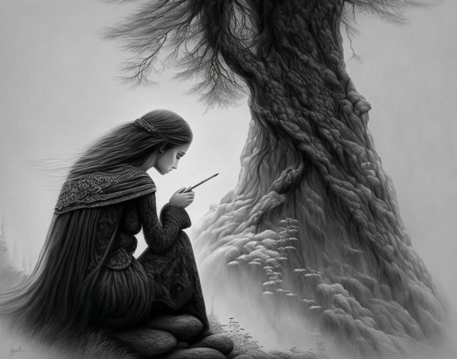 Monochrome illustration of person with long hair under twisted tree