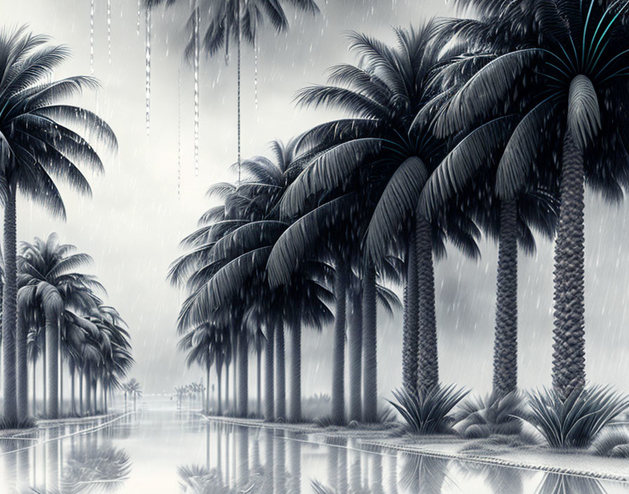 Moody monochrome palm trees in heavy rain on wet promenade