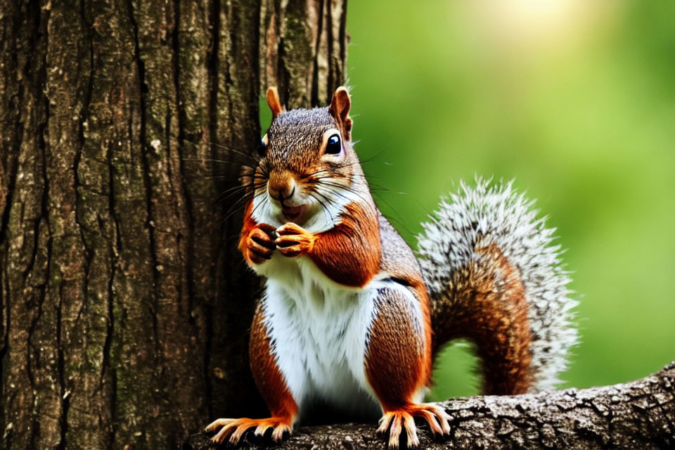 Brown and White Fur Squirrel Holding Nut on Tree Branch