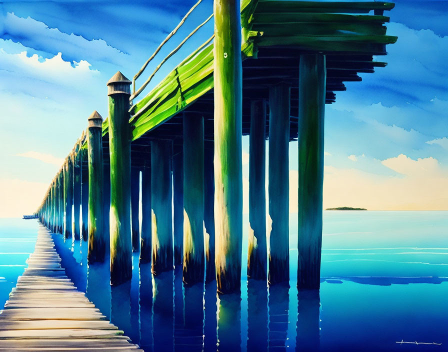 Tranquil seascape: wooden pier, blue sea, clear sky, distant island