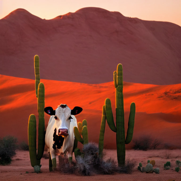 Cow standing between green cacti in desert landscape at dusk