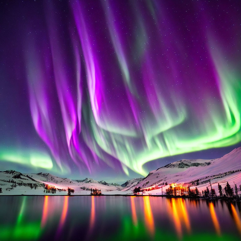 Starry sky reflects purple and green aurora borealis over snowy landscape