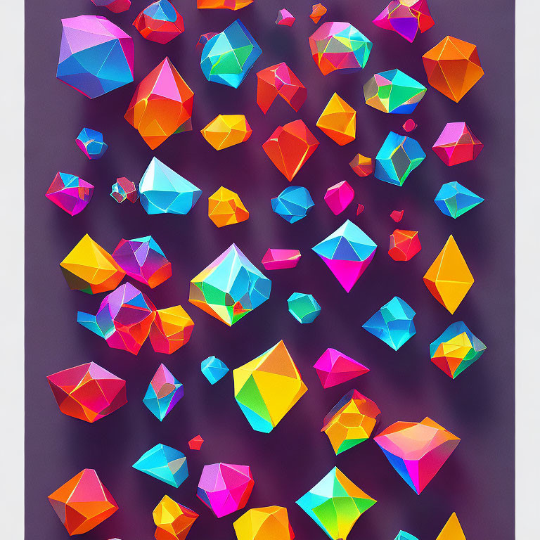 Multicolored geometric crystals on gradient purple background