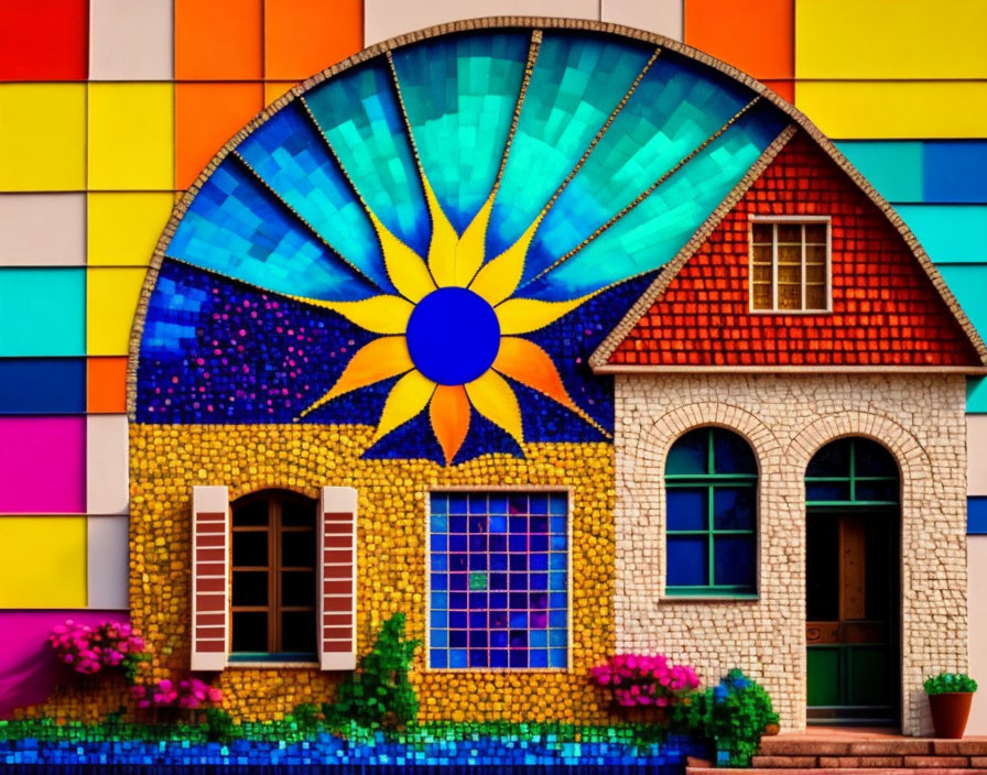 Vibrant mosaic sun design on colorful building facade with brick pattern and flower pots