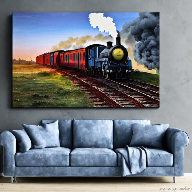 Vintage Train Painting Above Gray Sofa in Vibrant Display