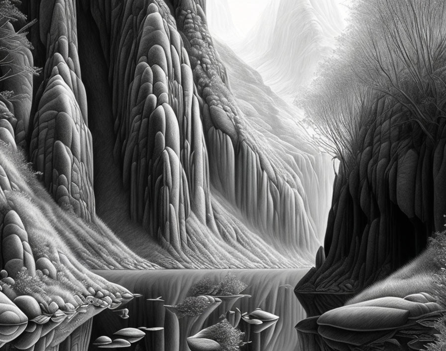 Detailed Monochromatic Landscape: Serene River, Rock Formations, Trees, Mist