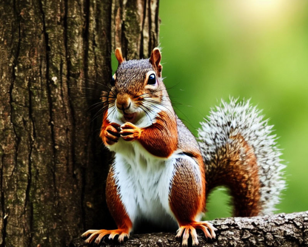 Brown and White Fur Squirrel Holding Nut on Tree Branch