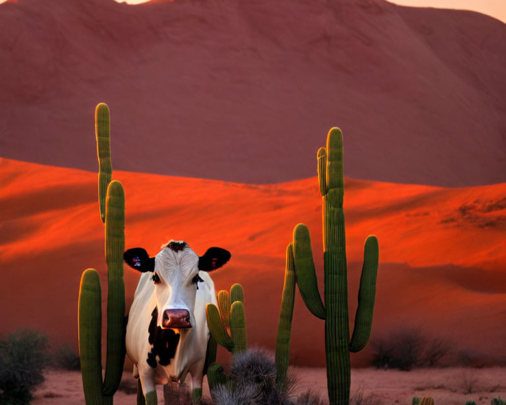 Cow standing between green cacti in desert landscape at dusk