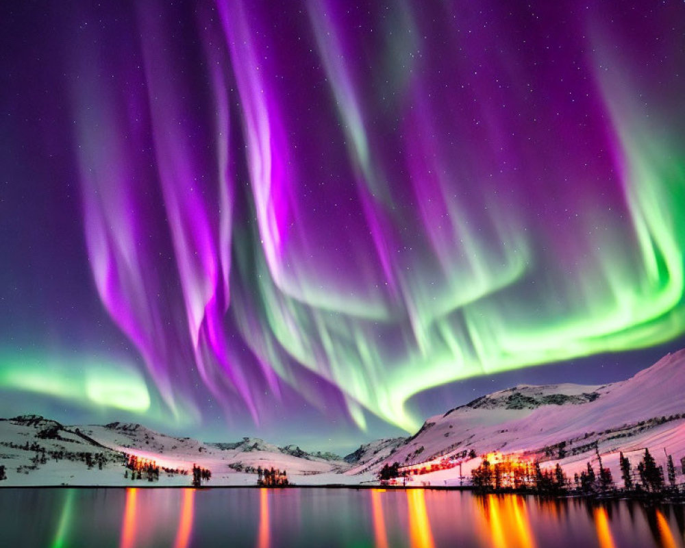 Starry sky reflects purple and green aurora borealis over snowy landscape