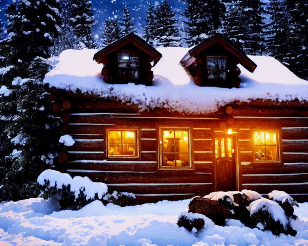 Snow-covered log cabin in illuminated snowy landscape