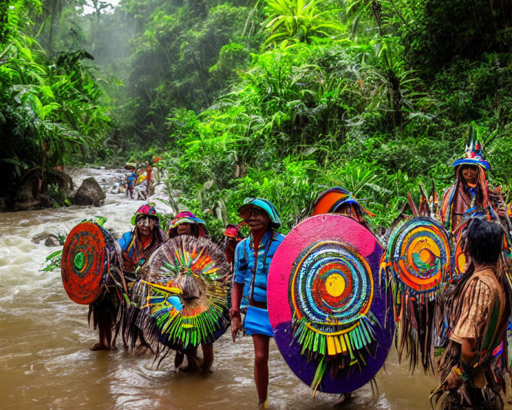 Traditional Attire Group Crossing River in Lush Forest