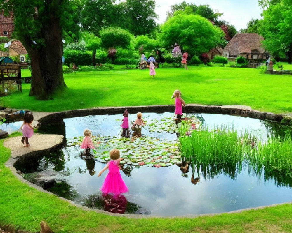 Lively garden scene with children playing near pond