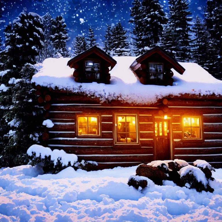 Snow-covered log cabin in illuminated snowy landscape