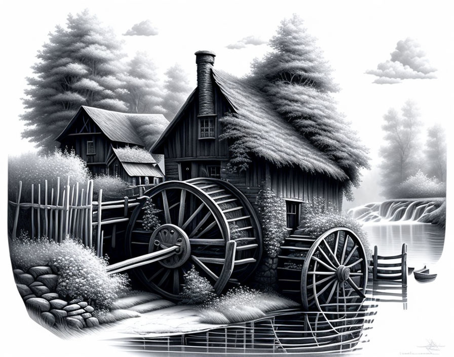 Monochromatic rustic watermill illustration by tranquil river