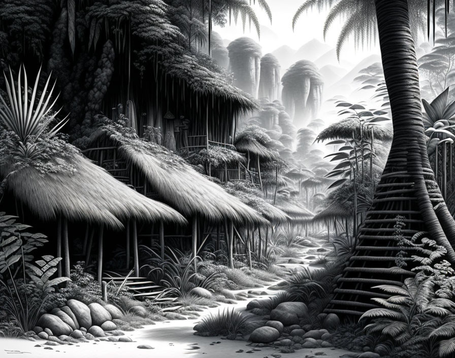 Serene grayscale jungle scene with huts, palm trees, dense foliage, and mysterious fog