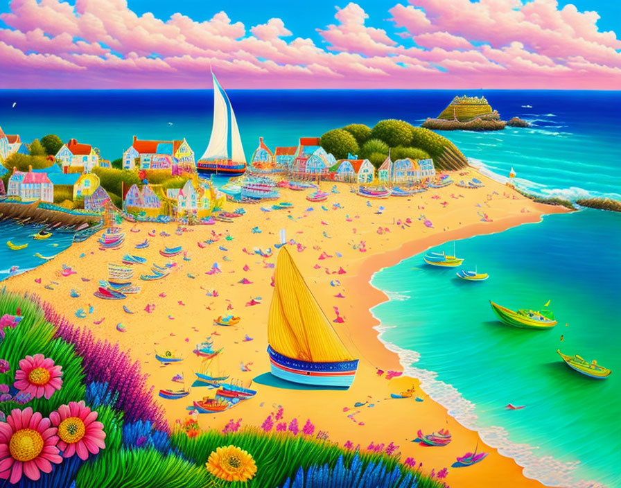 Colorful Beach Scene with Houses, Boats, and Flowers