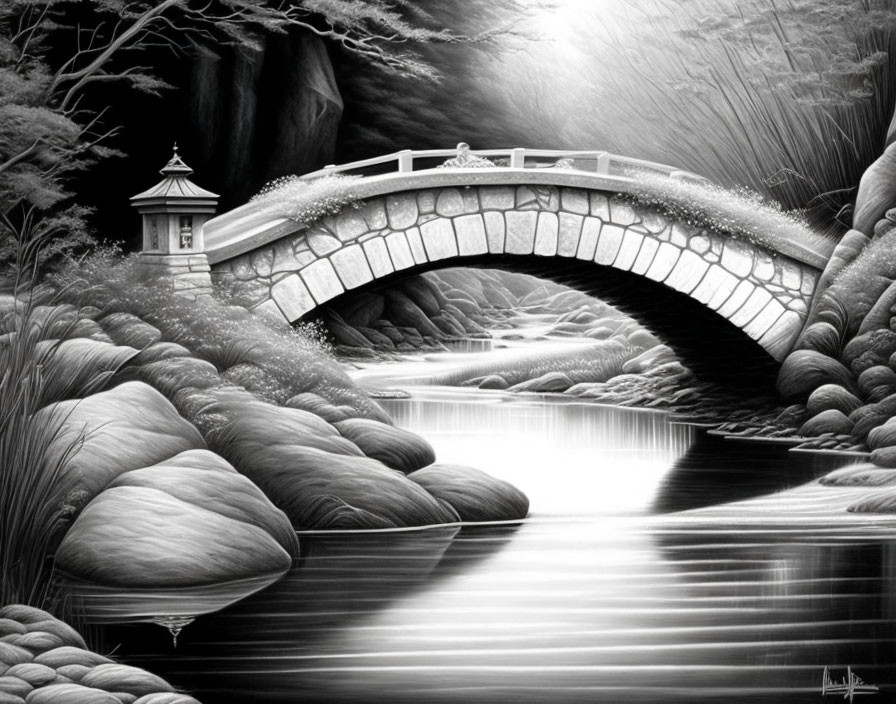 Serene monochrome landscape with stone bridge, river, rocks, foliage, and pagoda.