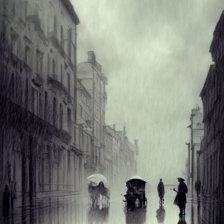 Monochromatic rainy street scene with old buildings, horse-drawn carriage, and people with umbrellas