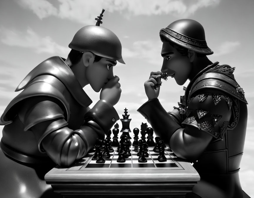 Animated knight and pawn figures in human form strategize on chessboard under cloudy sky