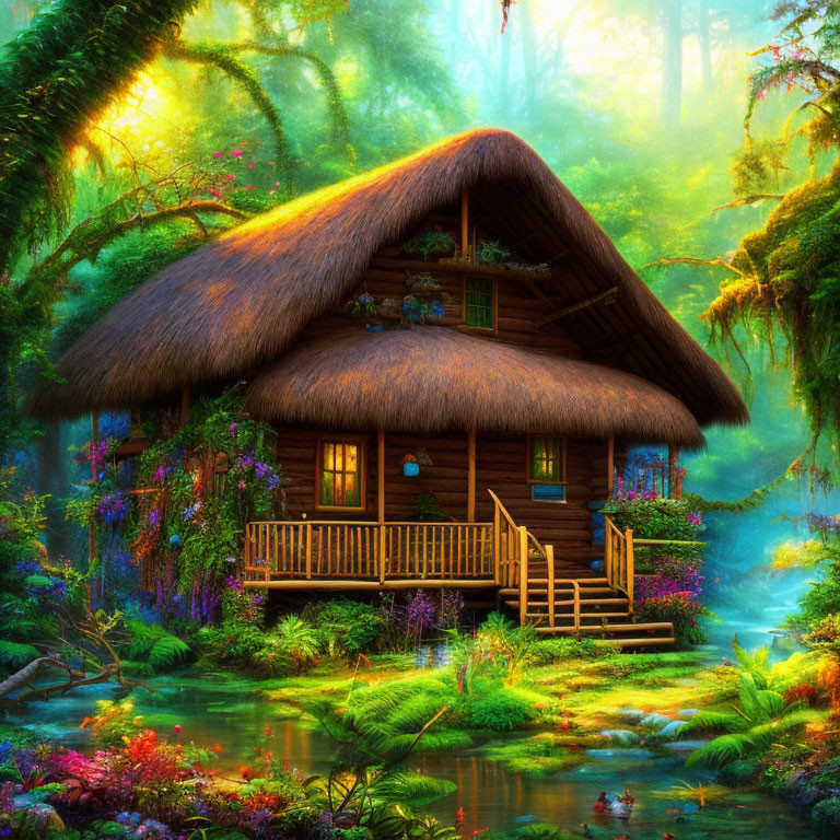 Thatched-Roof Cottage in Enchanted Forest Setting