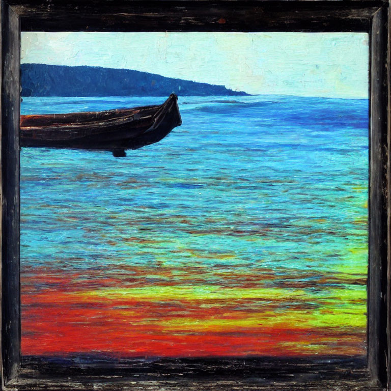 Colorful Painting of Solitary Boat on Rippled Sea