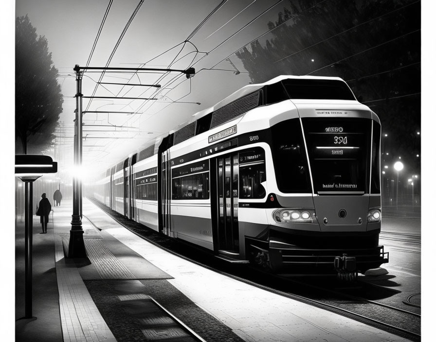 Modern tram at dimly lit night station with lone passenger and city lights in background