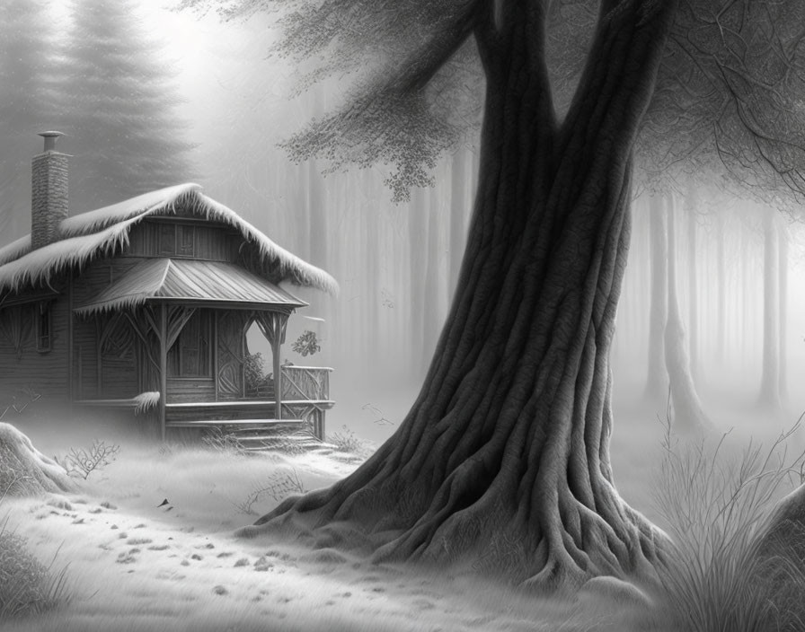 Snow-covered cabin in serene monochrome scene with misty forest backdrop