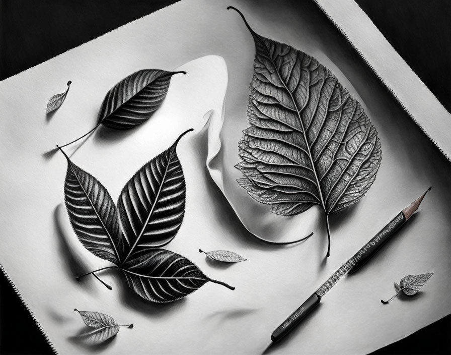 Realistic grayscale drawing of floating leaves with shadows and pencil