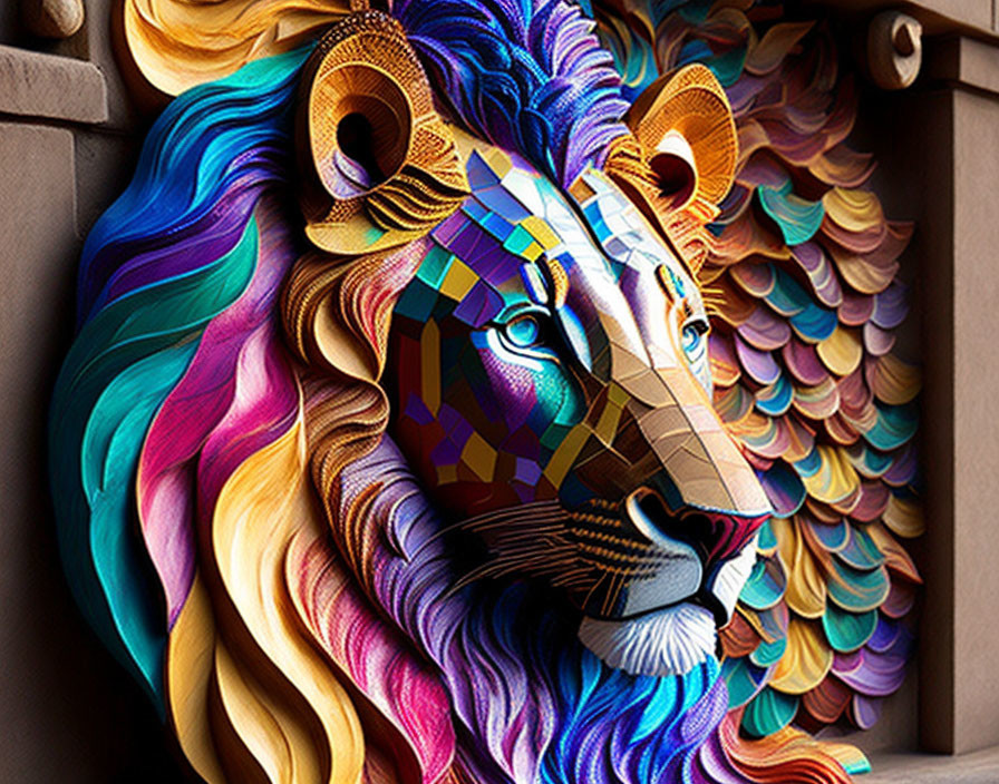 Colorful Lion Face Artwork with Vibrant Patterns and Intricate Mane