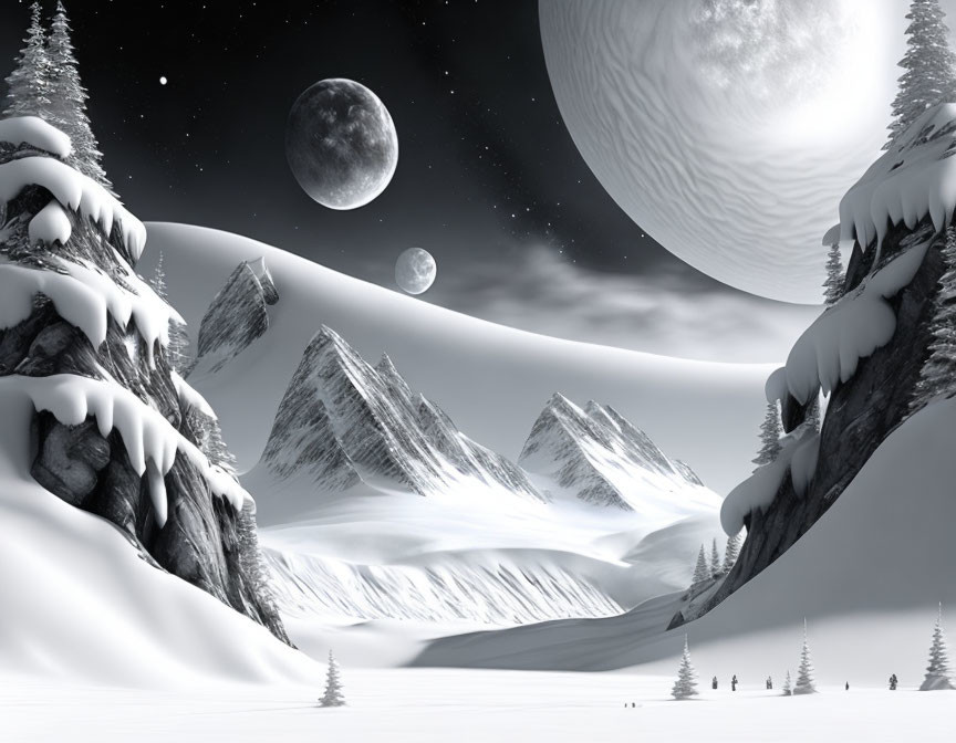 Snowy Landscape with Mountains, Trees, and Night Sky with Moon