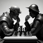 Animated knight and pawn figures in human form strategize on chessboard under cloudy sky