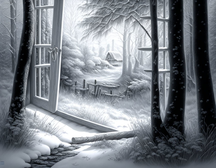 Monochrome snow-covered woodland scene with cottage, trees, and ladder.