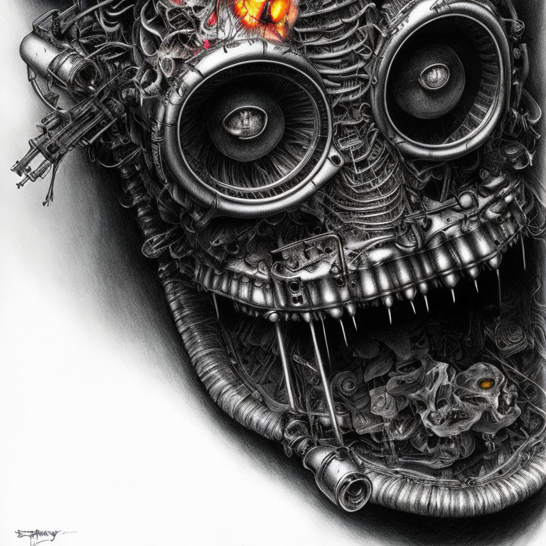 Detailed Monochrome Illustration of Mechanical Creature with Speaker-Like Eyes